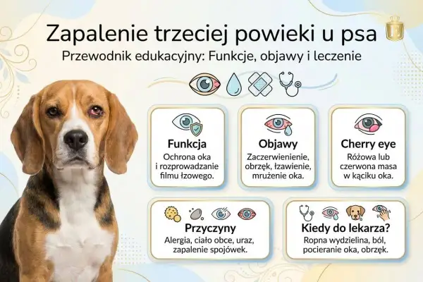 Beagle z zaczerwienionym, spuchniętym okiem, objawem zapalenia trzeciej powieki. Informacje o przyczynach i leczeniu.