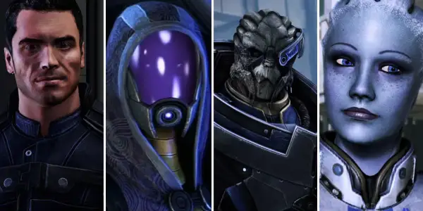 Vier Charaktere aus Mass Effect 1: Shepard, Tali, Wrex und Liara. Wer wird Shepards Herz erobern? Die Mass Effect 1 Romanzen warten!