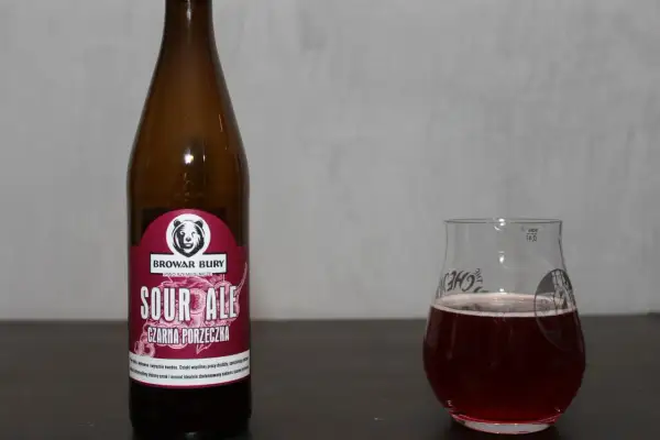 Butelka i szklanka z piwem porzeczkowym. Ciemnoczerwony napój z pianką. Etykieta "Sour Ale Czarna Porzeczka".