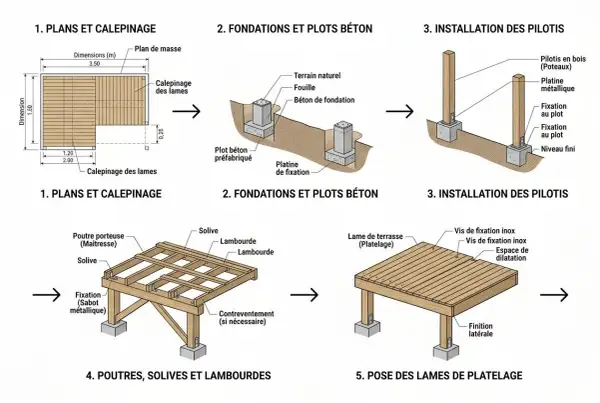 Schéma de construction d'une terrasse : fondations, pilotis, poutres, solives et pose des lames de terrasse.