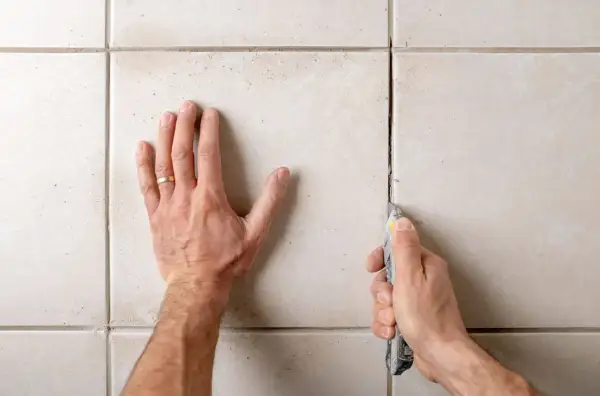 Main tenant utilise un cutter pour enlever des joints de carrelage en ciment.
