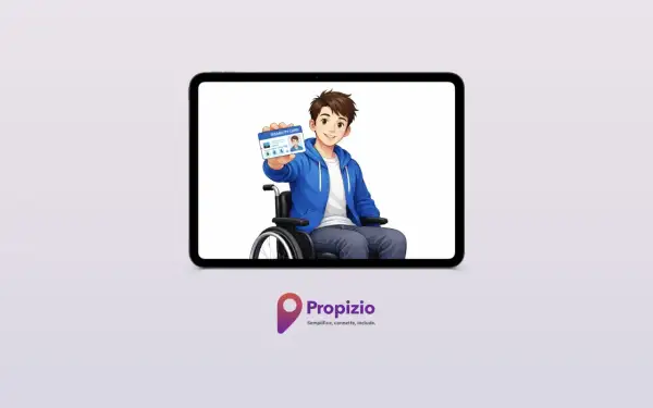 Ragazzo in carrozzina mostra una disability card INPS.