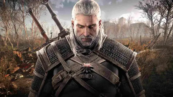 Geralt w zbroi szkoły kota z Wiedźmina 3, gotów do walki.
