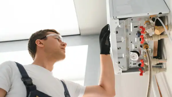 Instalator w okularach ochronnych sprawdza podłączenia kotła, gdzie widoczna jest anoda tytanowa.