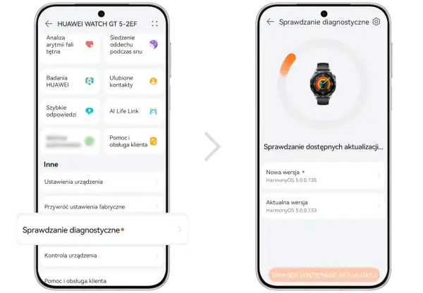 Aplikacja Huawei Zdrowie pokazuje najnowszą wersję HarmonyOS 5.0.0.135 dla zegarka.