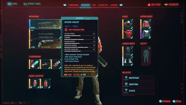 Interfejs gry Cyberpunk 2077: ekwipunek z bronią "Widow Maker", statystykami i opisem, zasady gry cyberpunk.