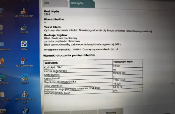 Błąd DTC P0420 BMW: Niewiarygodne obroty biegu jałowego, możliwe przenikanie powietrza. Wystąpił przy 196664 km.