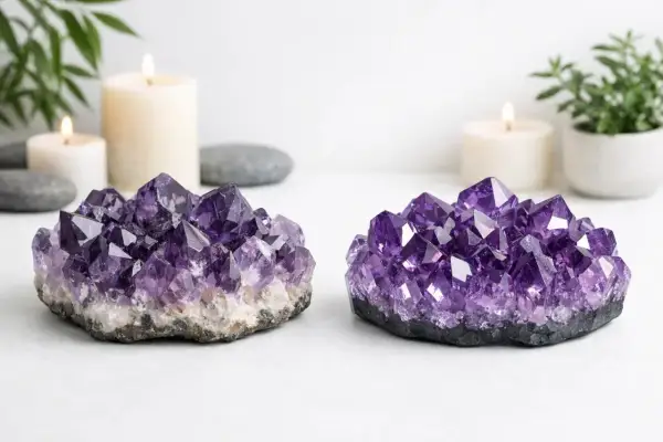 Dos geodas de amatista, qué es la amatista, brillan junto a velas encendidas y plantas.