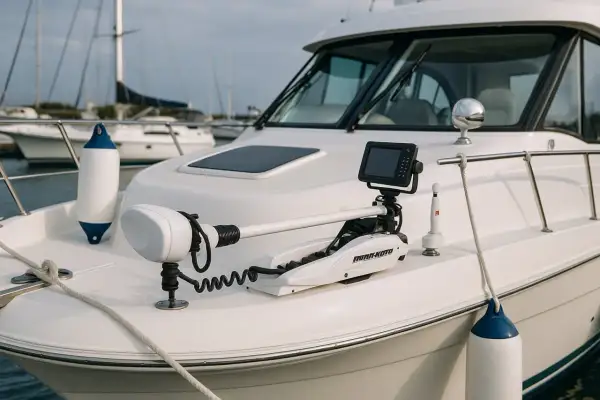 Motore elettrico barca fai da te installato a prua, pronto per un'avventura silenziosa sull'acqua.