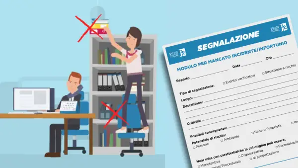 Uomo al telefono, donna su sgabello rischia caduta. Modulo segnalazione near miss sicurezza sul lavoro.