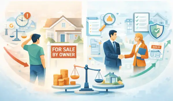 Illustrazione che mostra come funziona un'agenzia immobiliare online: da un lato, un uomo perplesso davanti a una casa "in vendita per proprietario"; dall'altro, agenti che stringono la mano con successo.