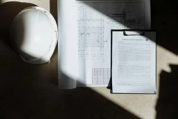 Biały kask budowlany, plany architektoniczne i umowa. Gdzie zgłosić samowolę budowlaną? Dokumenty i kask sugerują, że sprawa dotyczy budowy.