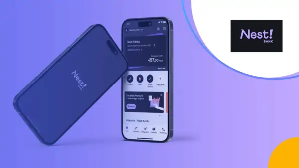 Nest! BANK to nowoczesny bank, którego aplikację mobilną widać na ekranie telefonu. Zarządzaj finansami z dowolnego miejsca!