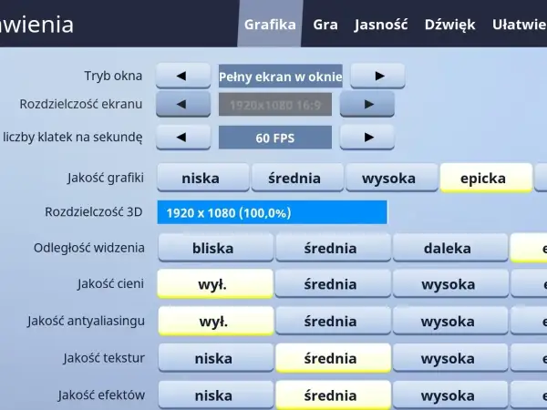 Ustawienia grafiki Fortnite: jakość epicka, rozdzielczość 1920x1080, 60 FPS. Optymalne najlepsze ustawienia Fortnite dla płynnej gry.
