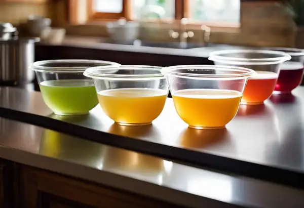 Quatre bols transparents contiennent des liquides colorés : vert, jaune, orange et rouge. Ils sont prêts à être transformés en gelée avec de la pectine ou de l'agar agar.