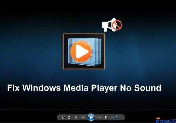 Ikona odtwarzacza z przekreślonym głośnikiem. Napis "Fix Windows Media Player No Sound". Może to być związane z brakującym media feature pack.