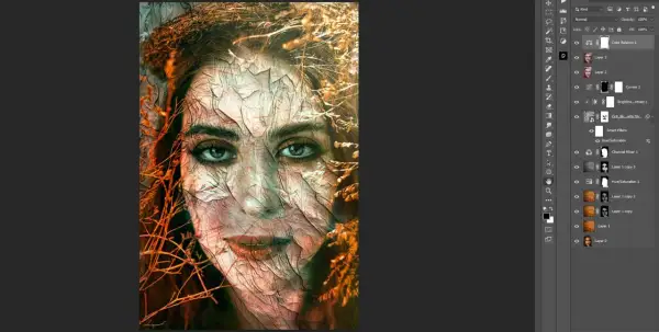 A woman's face with cracked, textured skin, overlaid with dry branches and leaves, showcasing cool textures for Photoshop.