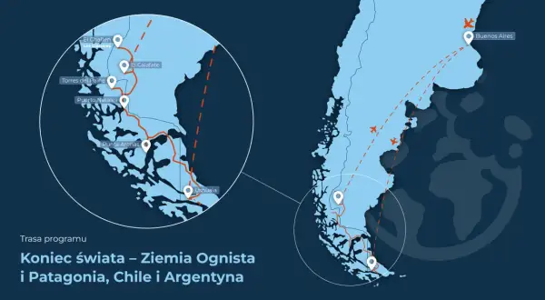 Mapa pokazuje, gdzie leży Patagonia: południowy kraniec Ameryki Południowej, z zaznaczonymi miastami jak El Calafate, Ushuaia i Buenos Aires.