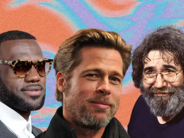 Trois hommes célèbres, chacun avec des barbes homme distinctes, posent sur un fond psychédélique.