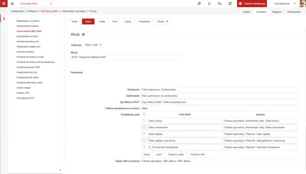 Ekran konfiguracji systemu z opcją generowania faktury KSeF i polami do wyboru parametrów.