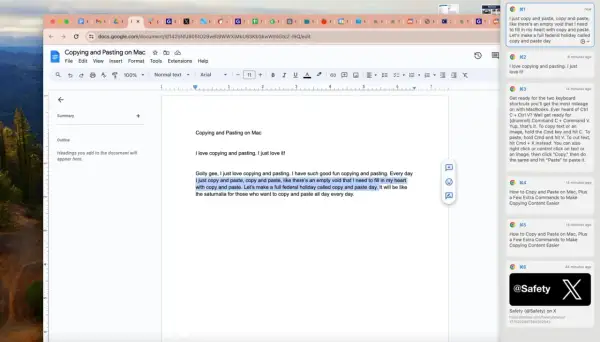 Un documento de Google Docs muestra texto sobre copiar y pegar. La frase "I just copy and paste" está resaltada, sugiriendo la importancia de copiar y pegar.