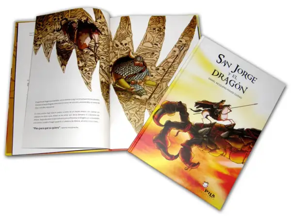 Libro "San Jorge y el Dragón" abierto, mostrando ilustraciones de esqueletos y un caballero. La portada ilustra la historia de San Jorge luchando contra un dragón.
