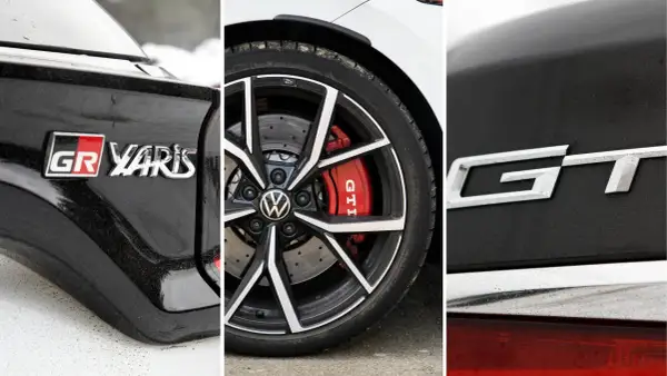 Detaljer från en GR Yaris och en VW Golf GTI. Två sportiga bilar som ger en GT-känsla.