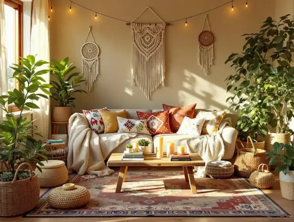 Przytulny salon w stylu boho z makramami i mandalami na ścianie, mnóstwem roślin i plecionymi koszami.