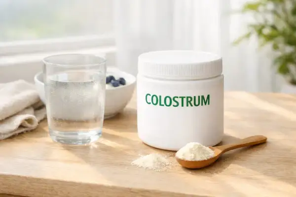 Słoik z colostrum, szklanka wody i łyżeczka proszku. Kiedy brać probiotyk rano czy wieczorem? Oto składniki na zdrowy początek dnia.