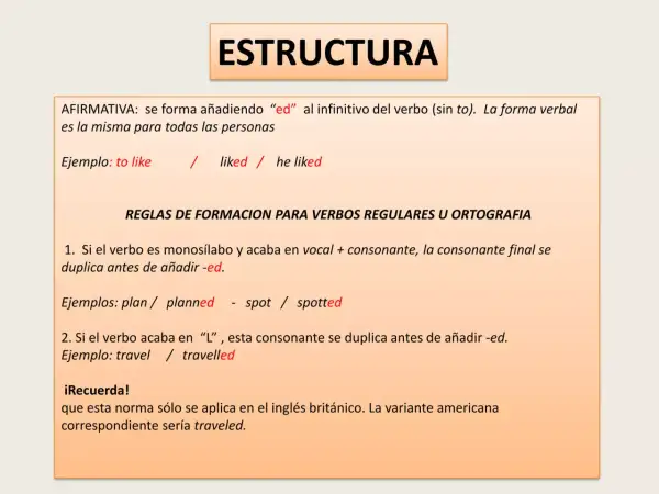 La diapositiva explica la estructura del pasado simple. Se añadió "ed" a los verbos. Por ejemplo, "liked" y "travelled" se usaron.