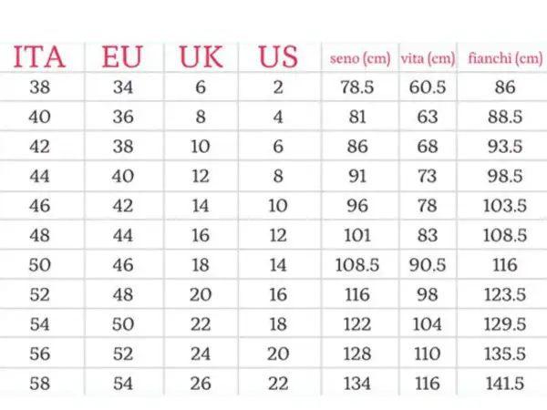Tabella taglie: ITA 44 corrisponde a EU 40, UK 12, US 8. Misure seno 91, vita 73, fianchi 98.5.
