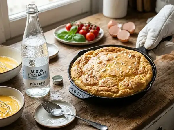 Frittata alta appena sfornata, con accanto una bottiglia di acqua frizzante, pomodorini e gusci d'uovo.