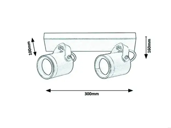 Rysunek techniczny kinkietów zewnętrznych. Wymiary: 300mm szerokości, 100mm wysokości klosza, 160mm całkowitej wysokości.
