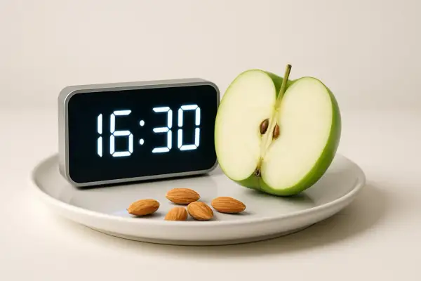 Orologio digitale segna le 16:30, ora perfetta per uno spuntino pomeridiano con una mela verde e mandorle.