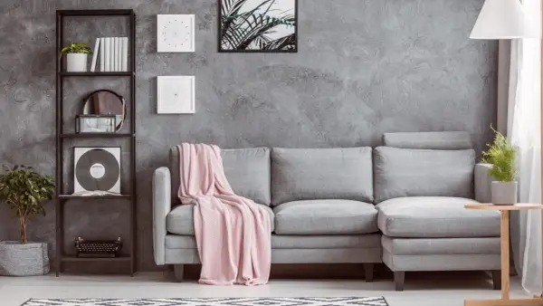 Un divano grigio con coperta rosa, libreria con vinile e piante. Idee su cosa mettere vicino al divano: tavolino, lampada, quadri.