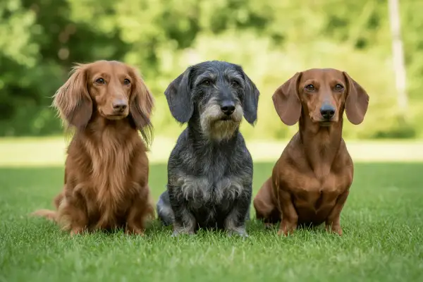 Tres perros teckel sentados en el césped. A la izquierda, un teckel de pelo largo color canela. En el centro, un teckel de pelo duro gris. A la derecha, un teckel de pelo liso color marrón rojizo.