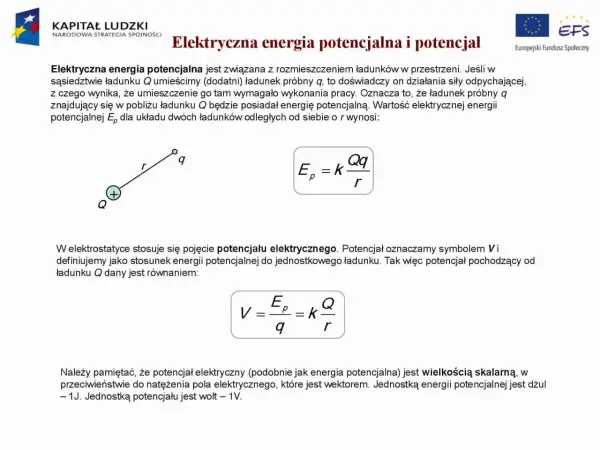Ilustracja pokazuje dwa ładunki, Q i q, oraz wzory na energię potencjalną i potencjał elektryczny.