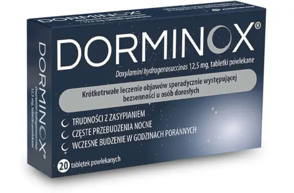 Opakowanie leku Dorminox, który pomaga na bezsenność. Zawiera 20 tabletek powlekanych.