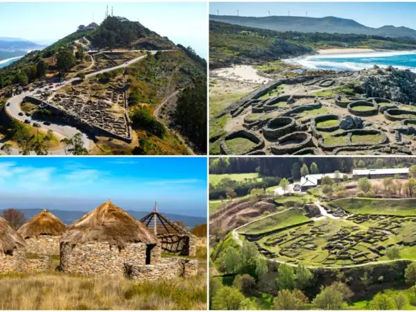 Vistas de castros gallegos, ruinas circulares de piedra y cabañas con tejados de paja, en paisajes costeros y montañosos.