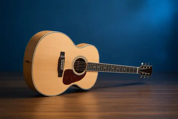 Piękna gitara akustyczna z jasnego drewna, gotowa do tworzenia muzyki.