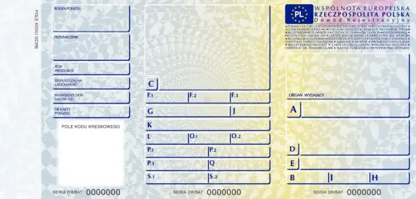 Dowód rejestracyjny pojazdu z polskimi i europejskimi oznaczeniami. Widoczne pola na dane pojazdu, organ wydający oraz kod kreskowy.