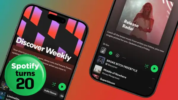 Two phones display Spotify playlists: "Discover Weekly" and "Release Radar." A green circle celebrates "Spotify turns 20.