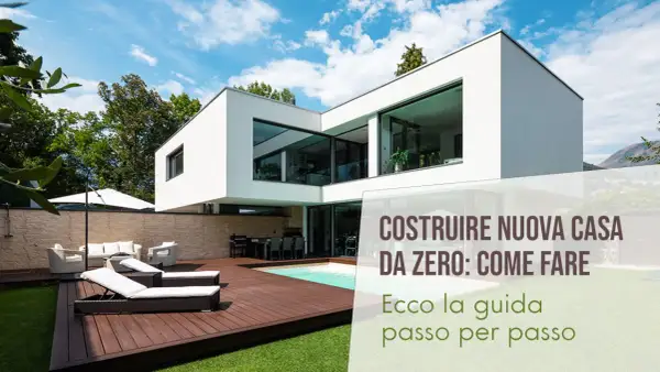 Una casa moderna con piscina e arredi da esterno. Scopri quanto costa fare una casa da zero con questa guida passo passo.
