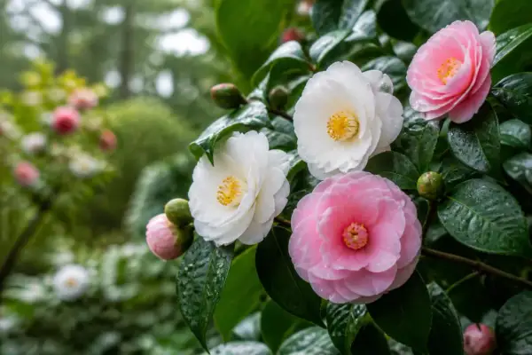 Fleurs de camélia roses et blanches épanouies dans une plantation. Les feuilles vertes et humides entourent les bourgeons.