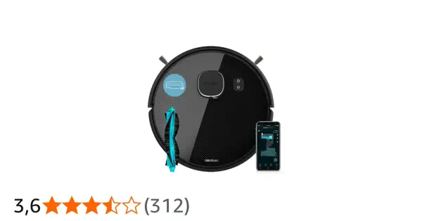 Conga Eternal Laser X-treme: robot aspirador negro con cepillo azul y app móvil mostrando mapa de limpieza.