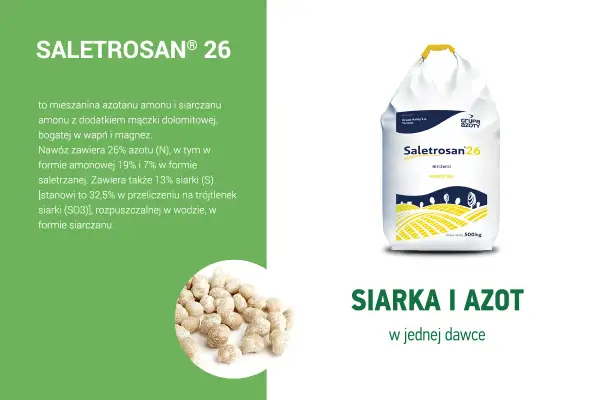 Saletrosan 26 to nawóz z 26% azotu i 13% siarki, idealny dla roślin. Opakowanie 500 kg.