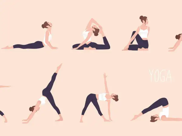 Illustrazione di donne che praticano diversi esercizi di hatha yoga, mostrando flessibilità e calma.