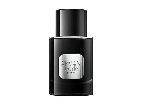 Elegancka, czarna butelka Armani Code Eau de Toilette z metaliczną etykietą "ELIXIR".