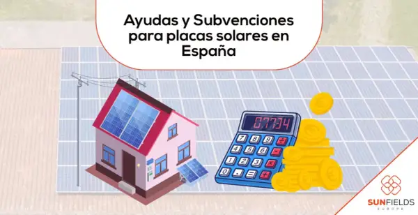 Calculadora y monedas junto a casa con placas solares, ilustrando cuando se cobran las subvenciones de las placas solares en España.