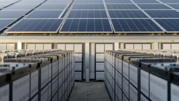 Rozbudowa instalacji fotowoltaicznej: rzędy baterii magazynujących energię pod panelami słonecznymi.